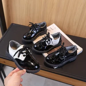 Boys Korean-style Lace-up Autumn Performance Shoes Black Student Children’s Round-toe Wedding Shoes PU Upper Rubber Outsole