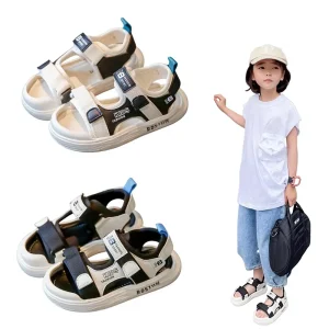 Boy’s Summer New Style Hook Loop Closure Synthetic Upper Soft Soled Sports Closed Toe Beach Shoes for Middle Older Kids