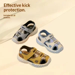 Boys and Girls Children’s Sports Sandals Summer Soft Sole Breathable Casual Beach Shoes Velcro Closure Letters Pattern Ankle