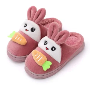 Boys and Girls Warm Fur Rabbit Indoor Home Slippers Comfortable Anti Slip Slide Style with Animal Prints for Parents Kids