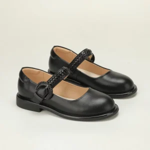 Braided Ring Buckle Single Strap Girls Mary Jane Shoes Low Heel Soft Sole Black School Uniform Leather Shoes