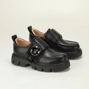 Braided Ring Buckle Single Strap Girls Mary Jane Shoes Low Heel Soft Sole Black School Uniform Leather Shoes