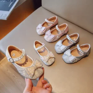 Breathable Bow Girls Mary Jane Flat Shoes Children’s Princess Dress Footwear Diamond Crystal Kids Party Dance Shoes