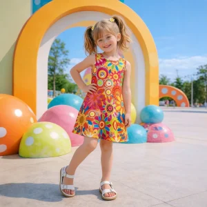 Breathable Cool Sleeveless Tank Dress for Big Girls Colorful Floral Circle Print Casual Summer Outdoor Play