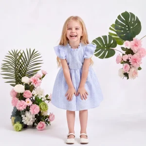 Breathable Cool Summer Kids Girls Dress Ruffled Cap Sleeve Stand Collar Checkered Floral Pattern Casual Party Wear