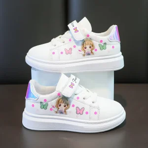 Breathable Kids Girls Cartoon Print Running Walking Shoes Fashion White Sneakers for Girls