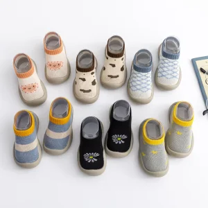 Breathable Lightweight Jacquard Baby Cotton Sock Shoes Anti Slip Rubber Soles Toddler Custom for Walking Girls Boys