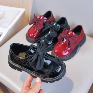 British Style Children’s Dress Shoes Wedding Party Black Patent Girls Loafers Bow knot Kids Mary Jane Shoes Hook Loop