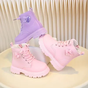 British Style Girls’ Martin Boots Waterproof Breathable PU Leather Kids Shoes Zip Closure Wear Resistant Elementary School