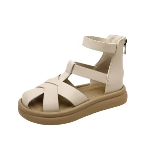 British Style Summer Kids Hollow-out Beach Sandals Casual High-top Genuine Leather Roman Sandals for Girls for Outdoor Use