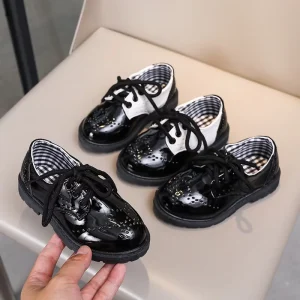 British Styles Children’s Ankle Lacing Shoes Breathable Kids Black White Dress Shoes Performance Boys PU Leather Shoes