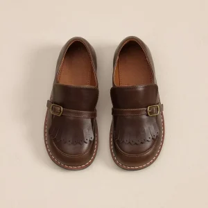 British style Cowhide Loafers for Girls & Kids Soft Rubber Sole Tassels Non Slip Retro Spring Autumn Slip On Leather Shoes