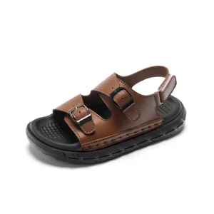 Brown PU Leather Hasps Closure Comfortable Lightweight Sandals for Boy Kids Toddler Casual Thick Sole Summer Shoes