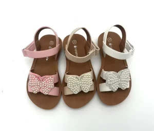 Butterfly Pearl Designed Thin Platform PVC Sole Breathable Open Toe Trend Spring Summer Kids Girls Flat T Strap Sandals