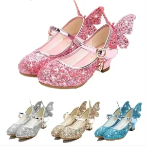 Butterfly Princess Children’s Shoes Diamond High Heels Girls’ Leather Shoes Fashion Ball Children’s Shoes