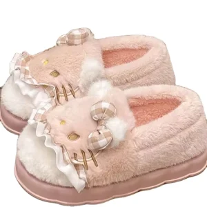 CE ASTM Plush Slipper Peluches Cute Adorable Pink Cat Slipper with Small Bow for Girls Woman for Sale Winter Slipper