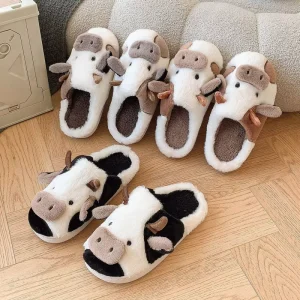 Cartoon Cow Cotton Slippers Indoor Home Winter Plush Slippers Bedroom Shoes Cute Plush Animal Slipper