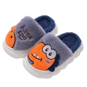 Cartoon Dinosaur Winter Kids Cotton Slippers Toddler Warm Fleece Lined Non Slip Thick Sole Parent Child Shoes for Boys Girls