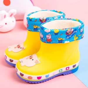 Cartoon Style Soft-wearing Anti-slip Pink Blue Yellow Waterproof Kids Rain Boots with Plush Lining