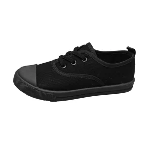 Casual Flat PVC Black Canvas School Shoes for Kids Slip-On Sports Style Walking
