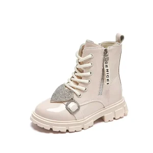Casual Kids Sneakers British Style Children’s Ankle Boots Autumn/Winter Heart Shape Rhinestone Buckle Girls Princess Boot