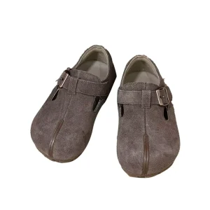 Children Boys Girls Suede Genuine Leather Flats Shoes Round Toe Mules Sandal Flat Kids Toddler Buckle Straps Retro Comfy Loafer