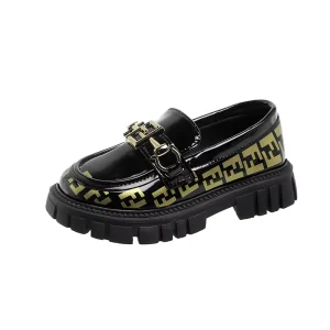 Children Casual Footwear Fashion Kids Loafers with FF Pattern Black PU Leather School Shoes for Girls