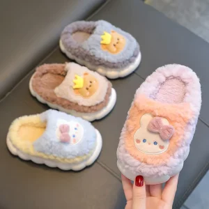 Children Cotton Slippers Winter Cute Cartoon Bear Non-Slip Soft Sole Plush Shoes Kid Boys Girls Indoor Warm Furry Home Slippers