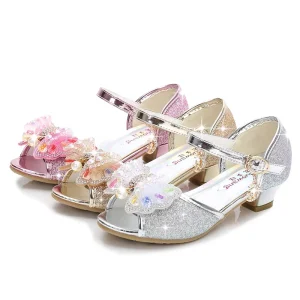 Children Dance Sandals Girl High Heels Kids Princess Leather Shoe Footwear Baby Party Wedding Shoes Fashion Rhinestone Sandalias