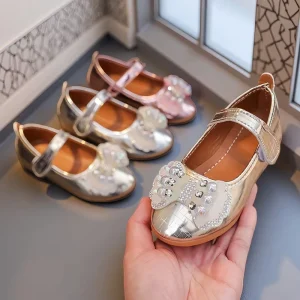 Children Fashion Shoes Soft Sole with Bow Footwear Girls PU Princess Party Shoes for Spring