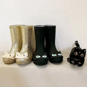 Children Girl Shiny Jelly Rain Boots Outdoor Toddler Cute Cat Rubber Water Shoes Kids Plastic Midi Rain Boots