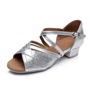 Children Girls Latin Ballroom Dance Shoes Low Heel Genuine Leather Outsole