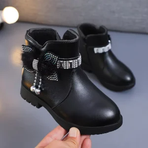 Children Girls Medium Tube Warm PU Leather Boots Baby Bow Cute Shoes Plush Winter New Style School Raw Boots