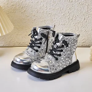 Children Glittery Autumn and Winter Shoes Girls Boys Flat Boots Kids Soft soled Water proof Boots
