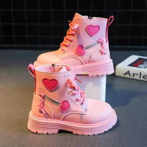 Children Heart Print Shoes Autumn and Winter Girls Soft Sole Versatile High Sleeve Boots Little Princess Style Shoes