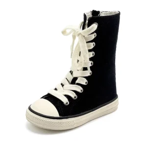 Children High Top Canvas Sneakers Baby Toddler Kids Side Zipper Short Boots Boys Girls Fashion Black Casual Sports Lace Up Shoes