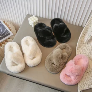 Children Indoor Slippers Kids Soft Warm Plush Slipper Winter Girls Kids Crossed Fluffy Slippers Thick Sole Open Toes Slipper