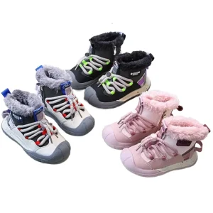 Children Leather Plush Thick Cotton Boots for Kids Winter Warm Flat Snow Boots for Girls Boys Casual Shoes for Toddlers