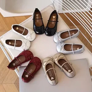 Children Little Leather PU Shoes for Girls Spring&Autumn Soft Bow Anti Slip Fashion Princess Single Shoes