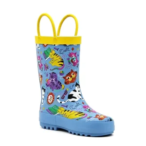 Children Rubber Rain Boots Non Slip Thick Sole Dual Hand Pull Loops Soft Light Toddler Wellies for Little Kids Walking