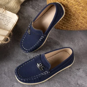 Children School Navy Blue Loafers Faux Leather Slip On Metal Accent Comfortable Anti Slippery Toddler Footwear