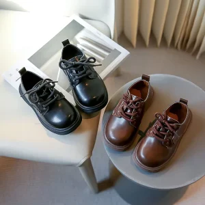 Children School Shoes Autumn and Spring Comfortable Soft Soled Kids Shoelace Black Leather Boys Shoes Casual
