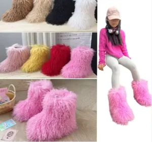Children Winter Boots Furry Shoes Fur Snow Boots Fluffy Warm Wool Boots Plush Fashion Boots Kids Mongolian Fur Boot