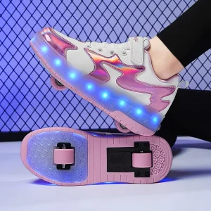 Children’s 2-Wheel Roller Skate Shoes LED Retractable Casual Sneakers with Dual-Purpose Wheels Fashionable Girls’ Sport Shoes