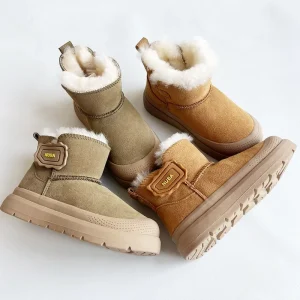 Children’s Anti slip Waterproof Cow Suede Upper Mid Calf Platform Bottom Sheepskin Lining Snow Boots Girls