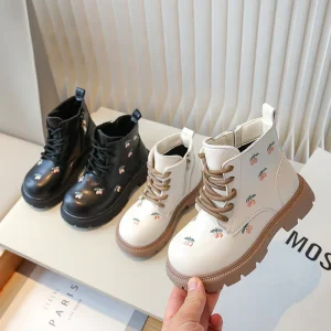Children’s Autumn Boots Fashion Black Ankle Boots for Girl PU Leather Elegant Embroidery Flower Causal Kids Shoes Side Zipper