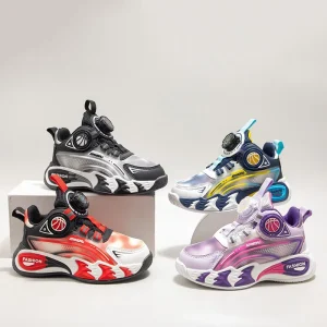 Children’s Autumn Breathable Mesh Leather Patchwork Sports Shoes Lightweight Soft Sole Basketball Shoes