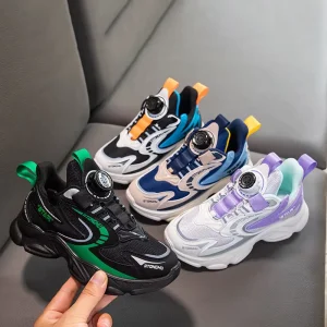Children’s Autumn Breathable Mesh Leather Patchwork Sports Shoes Student Lightweight Soft Sole Basketball Older Kids