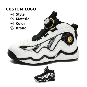 Children’s Basketball Shoes High Top Button Boy’s Sneakers Big Kid Outdoor Fashion Sport Hard Wearing Black White Sneakers