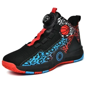 Children’s Basketball Shoes High Top Button Boy’s Sneakers Little Kid Big Kid Stretch Fabric Mesh Mid Top Sport Boots Autumn
